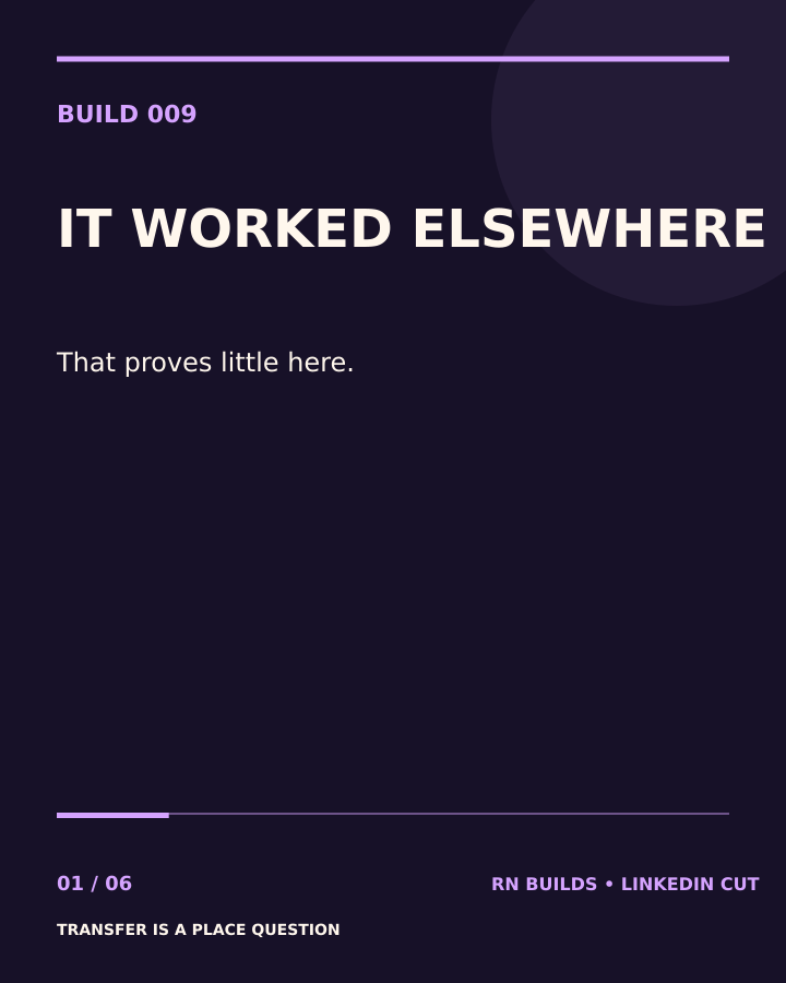 Build 009, Transfer Is a Place Question. Creator-owned 4:5 typographic opening frame. Visible text: “IT WORKED SOMEWHERE ELSE. That does not mean it can work here.”