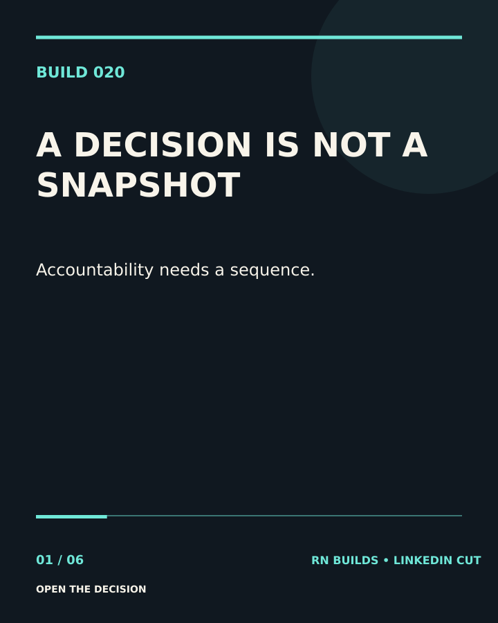 Build 020, Open the Decision. Creator-owned 4:5 typographic opening frame. Visible text: “A DECISION IS NOT A SNAPSHOT. Accountability requires the actor, authority, time, evidence, alternatives, acknowledgement, result, and corrections.”