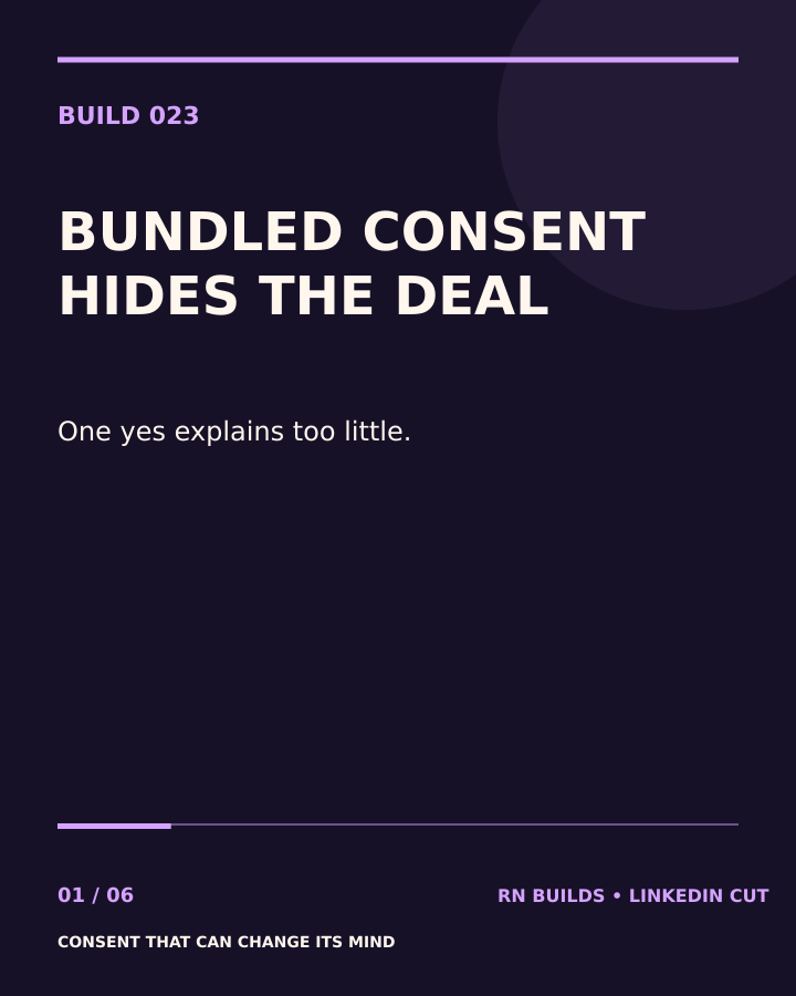 Build 023, Consent That Can Change Its Mind. Creator-owned 4:5 typographic opening frame. Visible text: “BUNDLED CONSENT HIDES THE DEAL — A single yes cannot show purpose, data, recipient, retention, reuse, or withdrawal.”