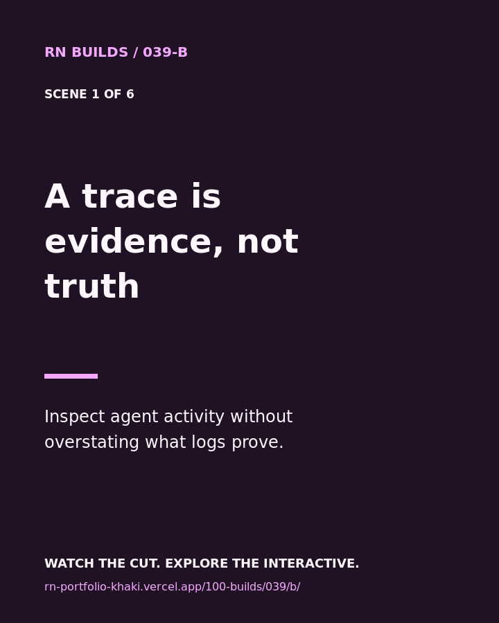 Build 039, A trace is evidence, not truth. Creator-owned 4:5 typographic opening frame. Visible text: “A trace is evidence, not truth. Inspect agent activity without overstating what logs prove.”