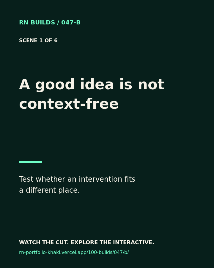 Build 047, A good idea is not context-free. Creator-owned 4:5 typographic opening frame. Visible text: “A good idea is not context-free. Test whether an intervention fits a different place.”