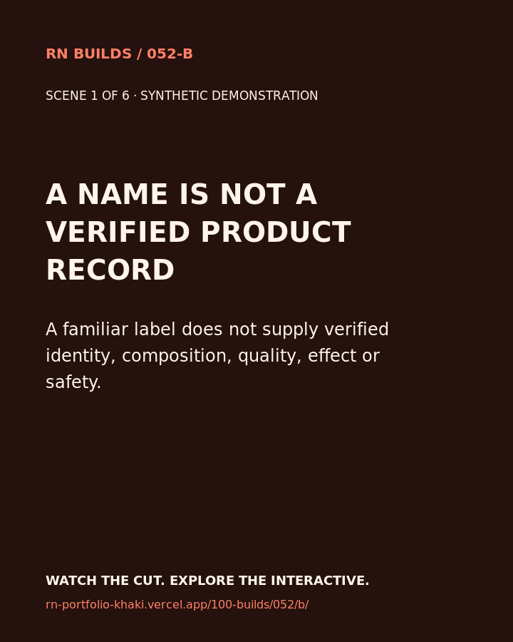 Build 052, Synthetic Cannabis Comparison Literacy. Creator-owned 4:5 typographic opening frame. Visible text: “A NAME IS NOT A VERIFIED PRODUCT RECORD. A familiar label does not supply verified identity, composition, quality, effect or safety.”
