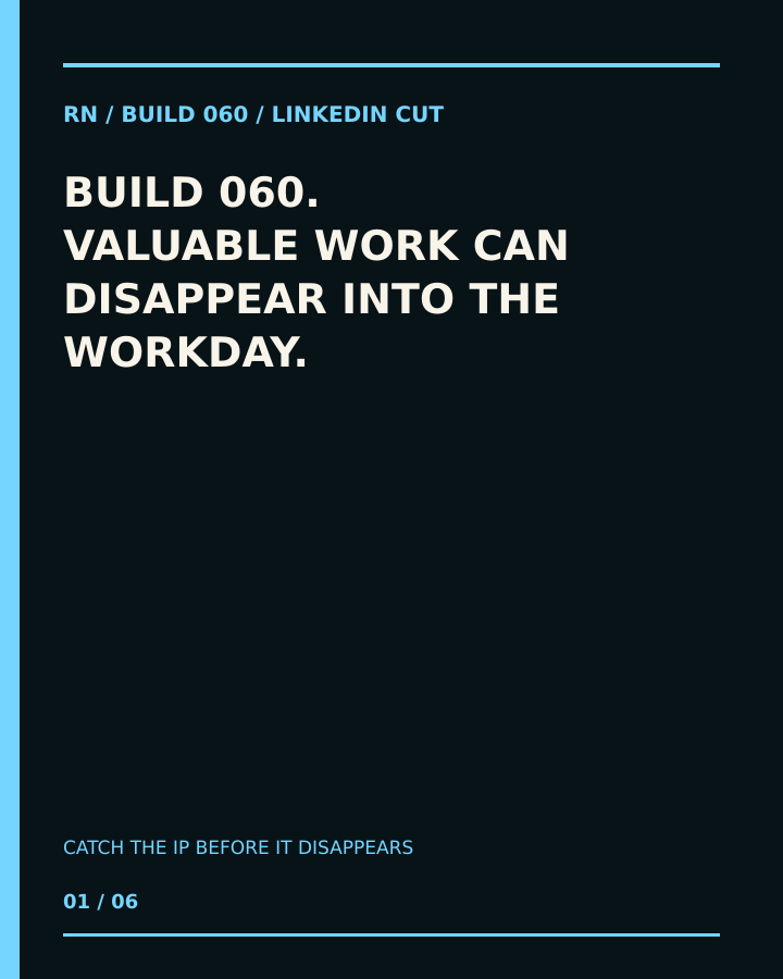 Build 060, Catch the IP Before It Disappears. Creator-owned 4:5 typographic opening frame. Visible text: “VALUABLE WORK CAN DISAPPEAR INTO THE WORKDAY.”