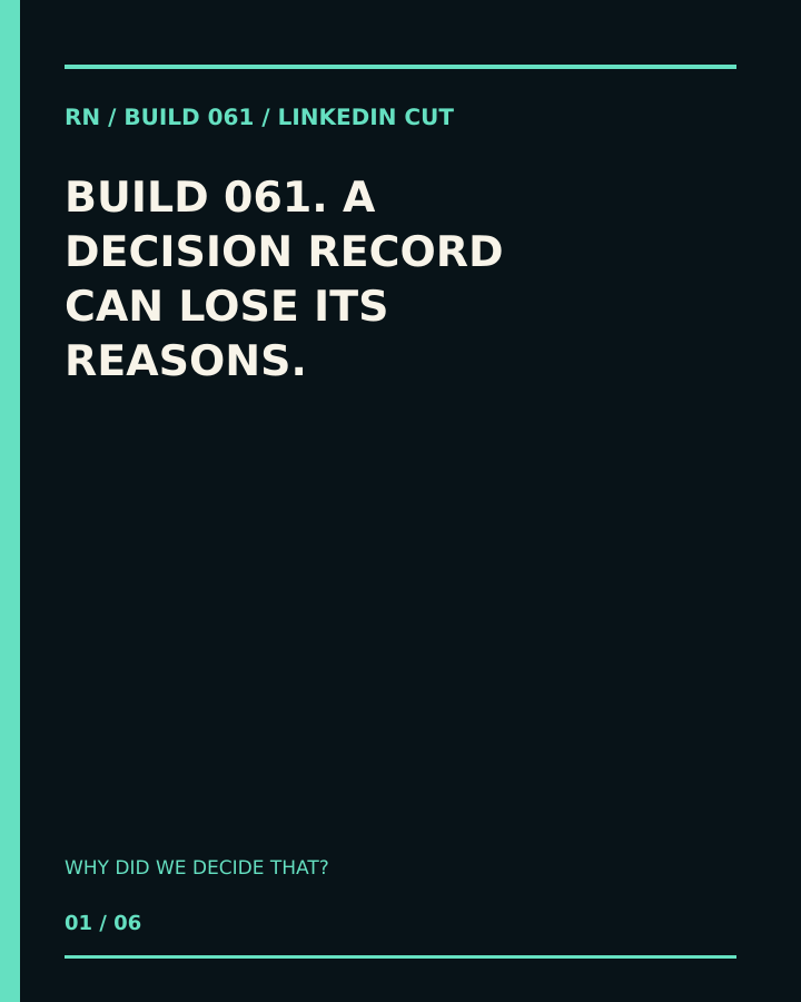 Build 061, Why Did We Decide That? Creator-owned 4:5 typographic opening frame. Visible text: “A DECISION RECORD CAN LOSE ITS REASONS.”