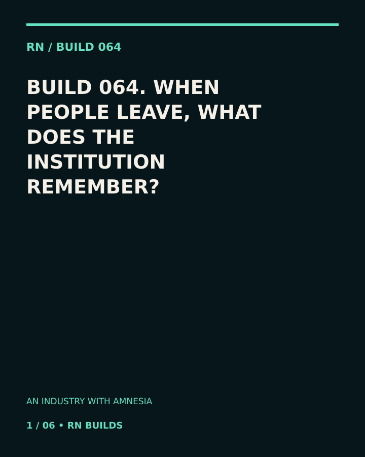 Build 064, An Industry With Amnesia. Creator-owned 4:5 typographic opening frame. Visible text: “WHEN PEOPLE LEAVE, WHAT DOES THE INSTITUTION REMEMBER?”