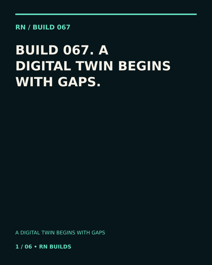 Build 067, A Digital Twin Begins With Gaps. Creator-owned 4:5 typographic opening frame. Visible text: “A DIGITAL TWIN BEGINS WITH GAPS.”