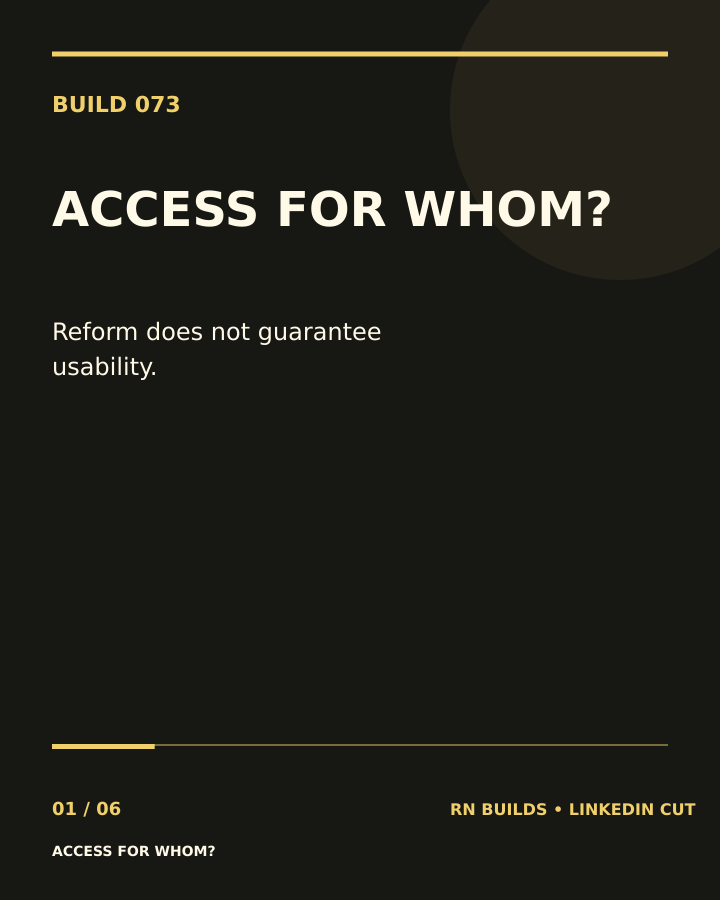 Build 073, Access for Whom?: creator-owned typographic cover.