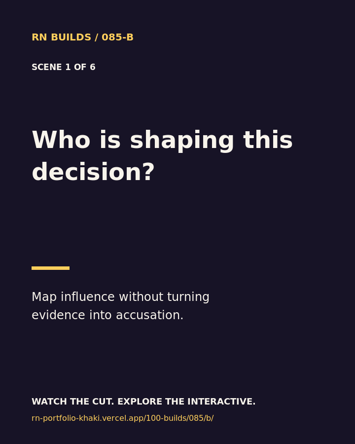 Build 085, Who Is Shaping This Decision?: creator-owned 4:5 typographic cover.