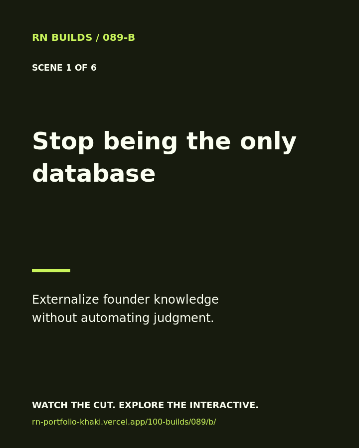 Build 089, Stop Being the Only Database in Your Company: creator-owned 4:5 typographic cover.